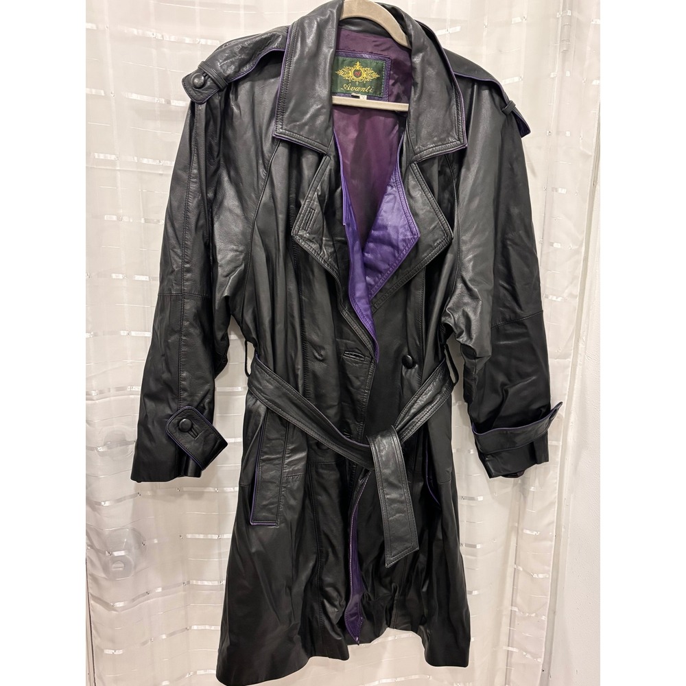 Avanti Vintage Black Leather Trench Coat Purple Trim Belted Long Jacket Mens M